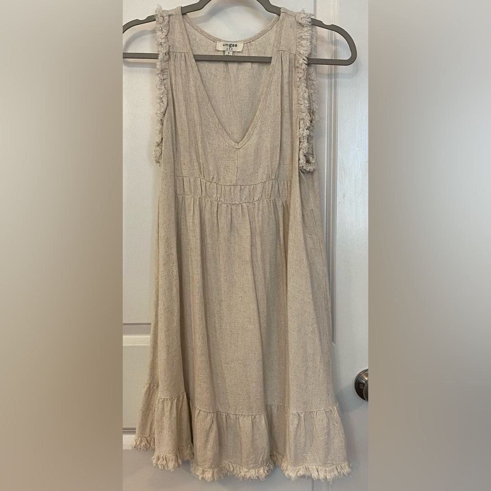 Umgee USA Sundress Sz S Beige Linen/Cotton Fringe Trim On Sleeves & Hem